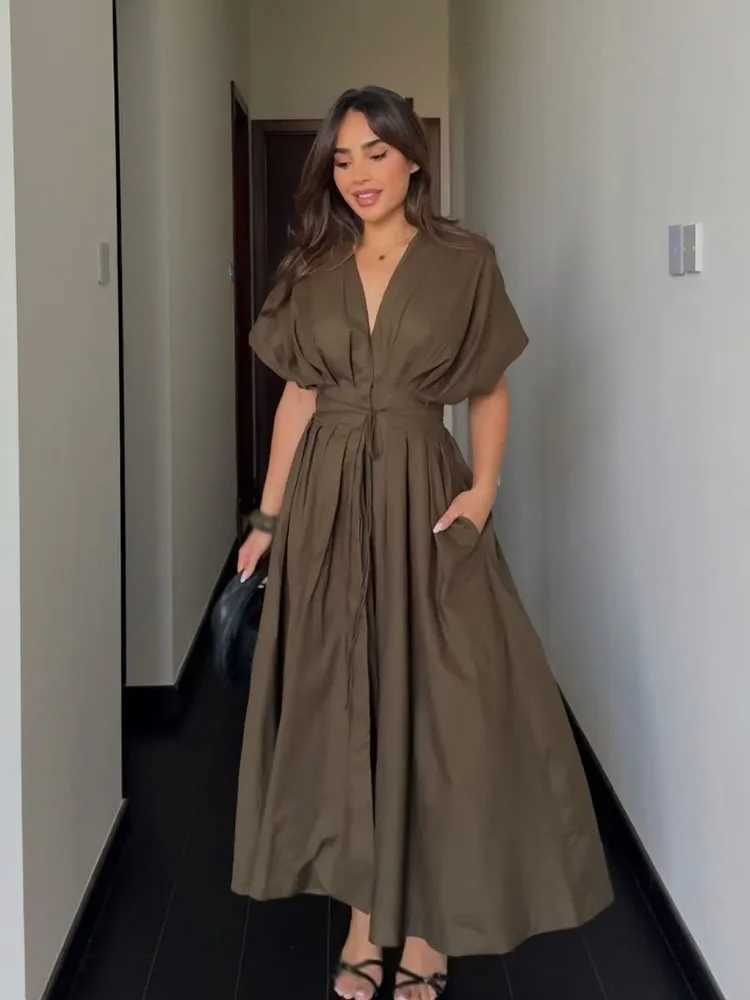 HH Female Summer Elegant Long Dress Solid V-Neck Short Sleeve Bow Lace-Up Single-Breasted Womens Fashion Casual DressT260314