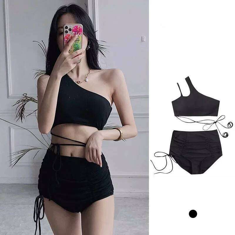 Sexy Korean Fashion One Shoulder Crop Top Mujer Black Drawstring Shorts Bottoms Bikinis Sets Two Pieces Swimsuit Padded Swimwear Y260303