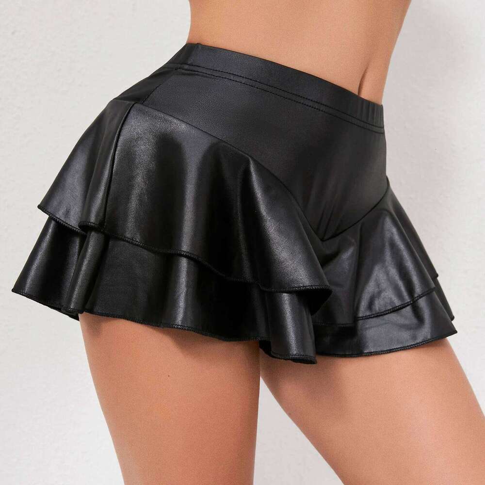 Sexy Women Faux Leather Ruffle Skorts Y2K Elastic High Waist Ball Gown Solid Color Loose Layered Casual Skirts Shorts Z260314