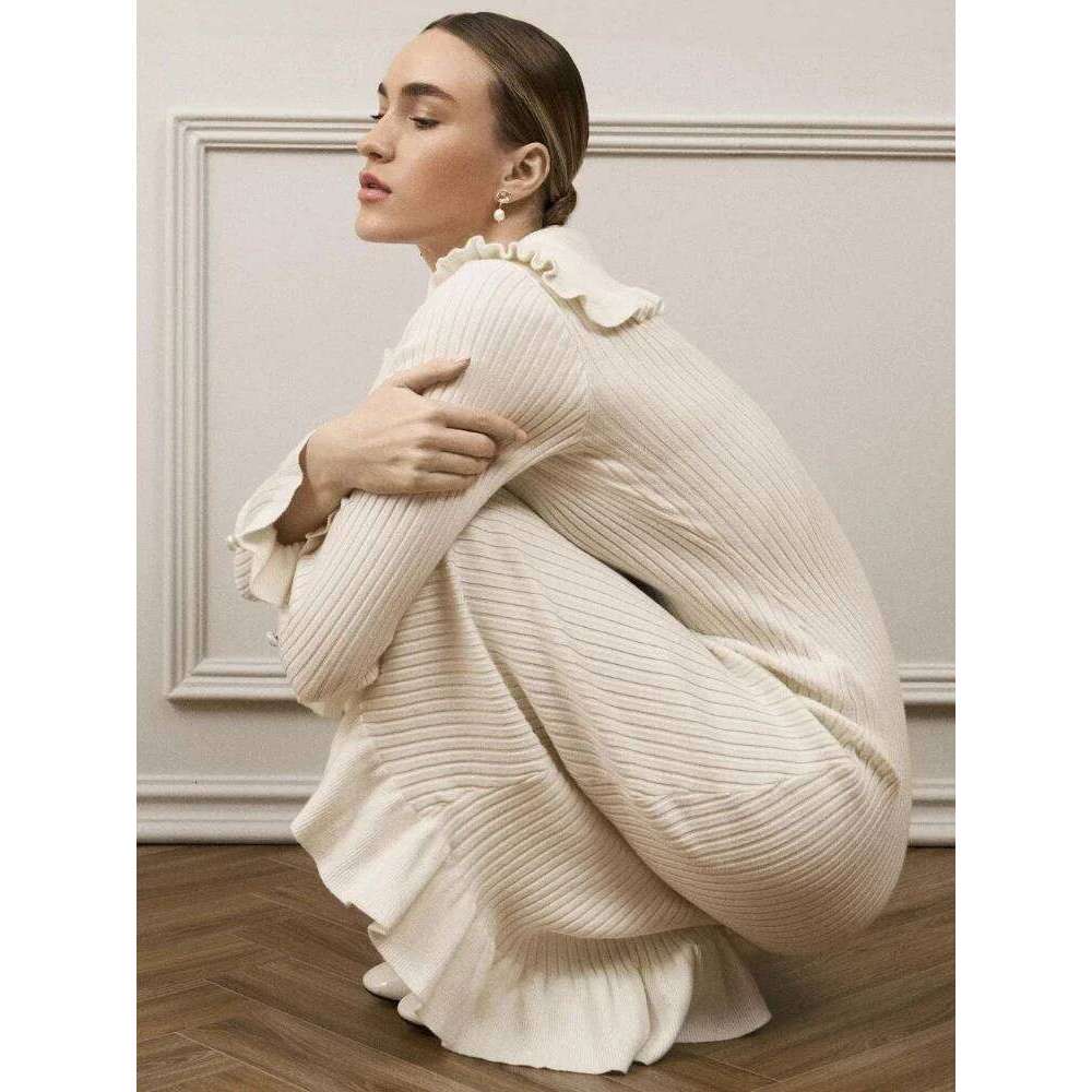 Trendix Ruffle Knit High Waist For Women Autumn Winter Elegant Slim Long Dresses Street Vintage Evening Knitted Maxi Dress Z260314