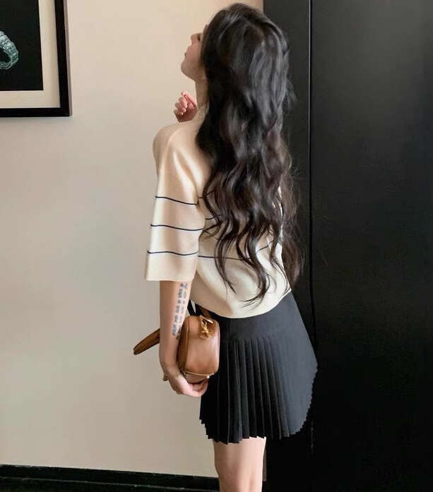 2026 High quality Women's Clothing Spring and Summer New Lightweight Two tone Striped Short sleeved Knitted Shirt