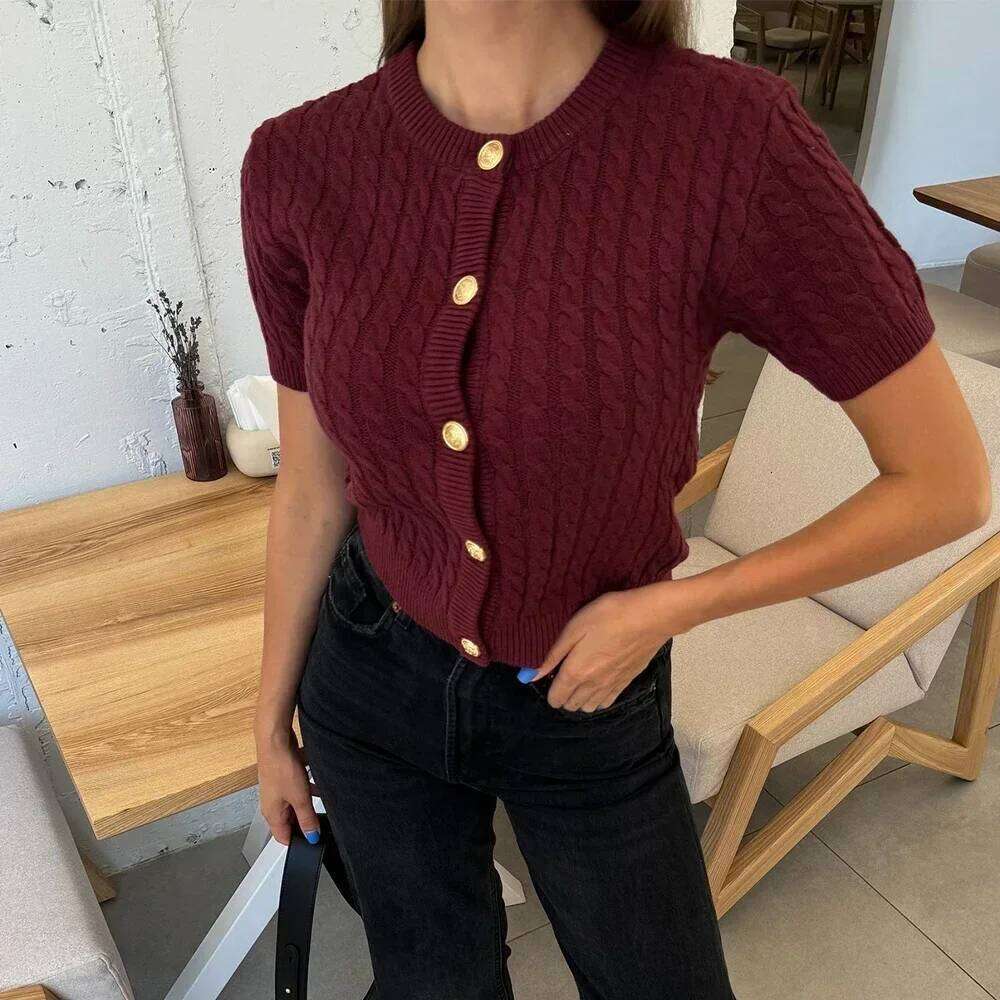 Trendix Women Knit Cardigan Winter Street Fashion Patchwork Ribbed Short Sleeve Sweater Autumn Commute Knitwear Crop Top Z260313