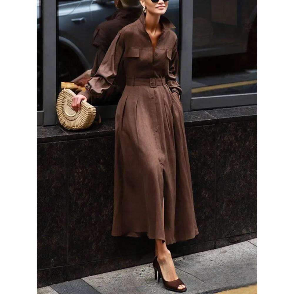 Gymystars Long Sleeve Woman Fall 2026 Lapel Shirt Dress Fashion Loose Pleated Belt Decoration Casual Button Maxi Dresses Z260314