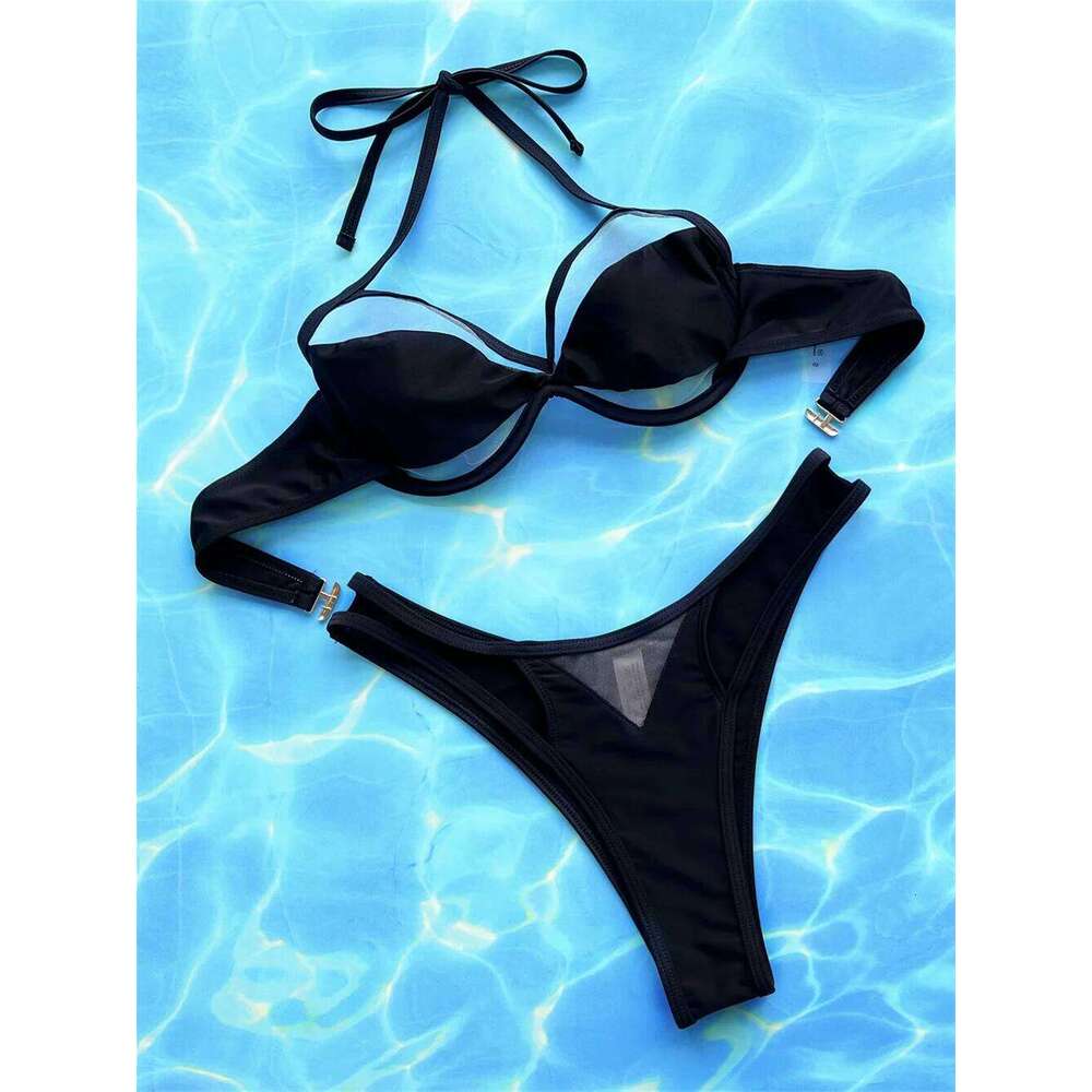 Transparent Bikini Black Gothic Swimsuit Push Up Backless String Hollow Out Micro Tanga Swimwear Women Beach Outfit Bathing Suit Y260303