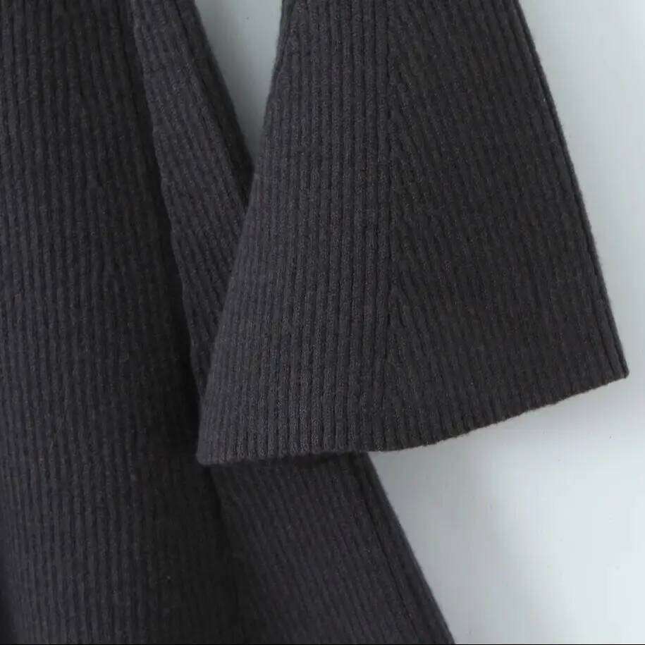 2025 Sexy High Collar Rib Line Knitted Long Flare Sleeve Sweater Dress Women Slim Waist Swing Short Dresses Knitwear Robe Brown Z260313