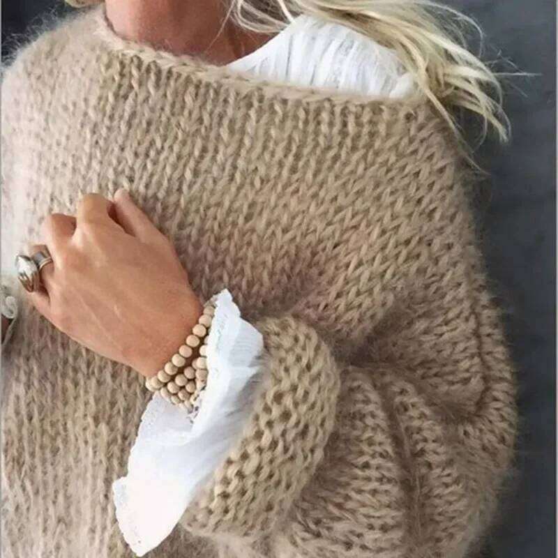 Women Sweaters Knitted Loose Solid Pullovers Regular Full Sleeve Thick Splice Jumpers Round Neck Casual Top 2023 Autumn Winter Z260313