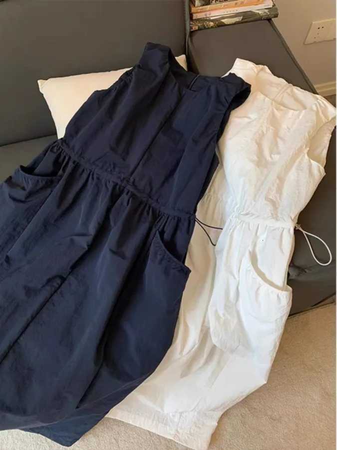 Loose Casual Womens Dr Summer 2026 New Korean Sle Dstring Waistl Svel Vest Skirt A-Line Midi round NeT260314