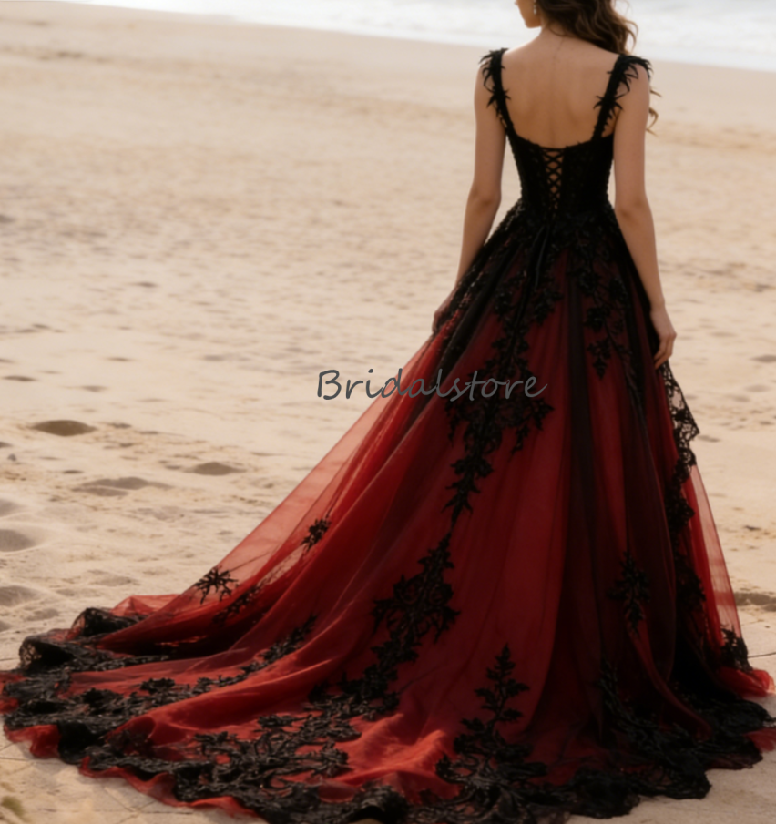 Retro Bohemian Black And Red Gothic Wedding Dress 2026 Halloween Vampire A Line Tulle Beach Lace Bridal Gown Backless Civil Boho Country alternatif Ve