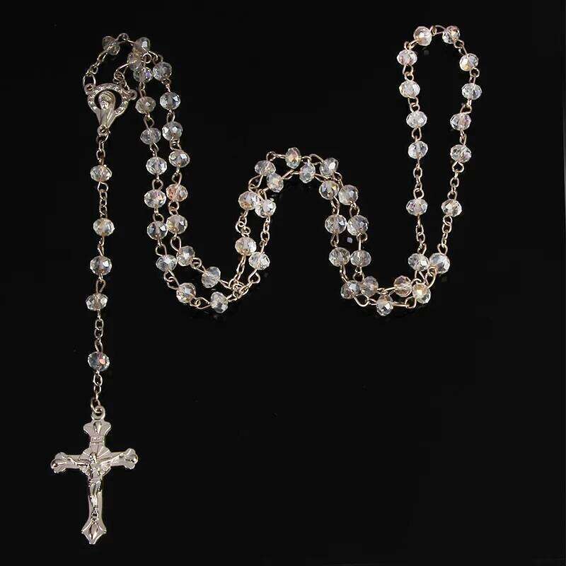 Classic 6mm Rosary Catholic Holy Site Cross Pray Necklace, Fashion Crystal Rose Necklace H260312