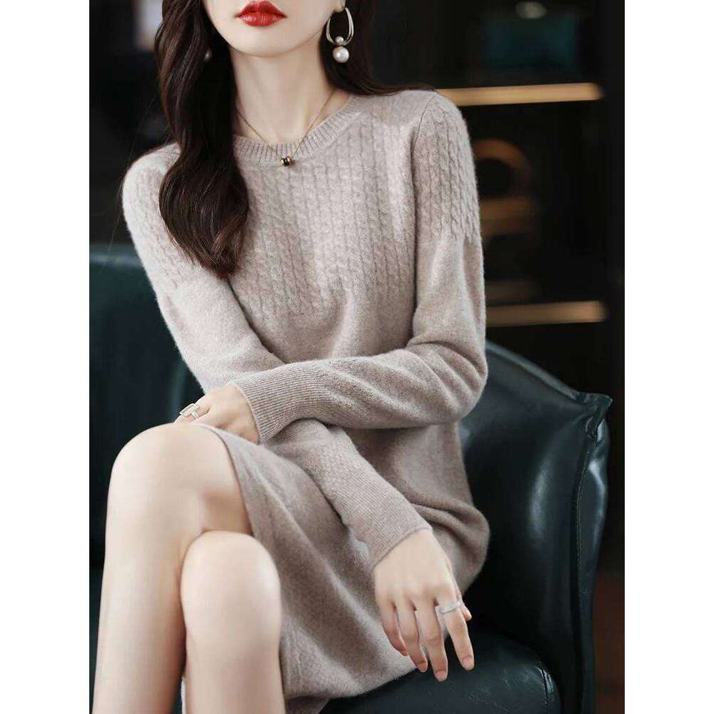 Round Neck Cashmere Women's Long Pullover Sweater Autumn And Winter New Knitted Knee-Length Pure Wool Dress Z260313