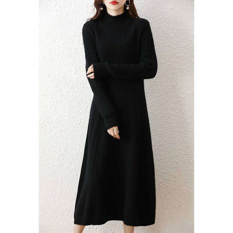 Elegant Fashion Dresses Cashmere Sweater Knitted Long Dress 100% Merino Wool Women Turtleneck Office Skirt Autumn Winter Clothes Z260313