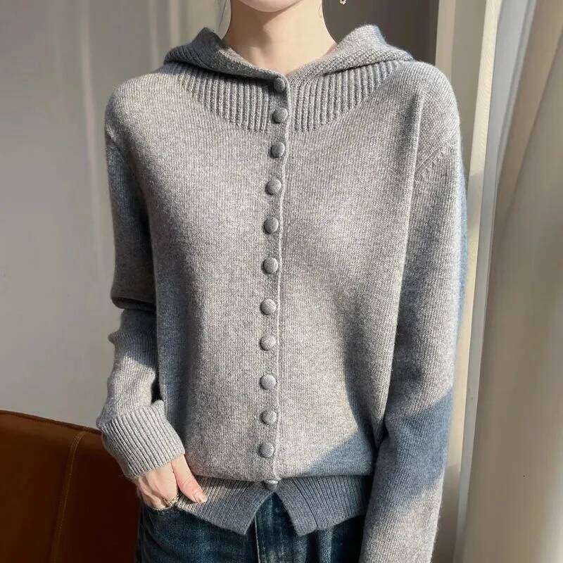 100% Merino Wool Sweater Korean Fashion Coat Solid Color Top 2025 Spring/Autumn/Winter Women Hooded Cardigan Z260313