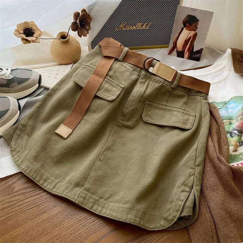 Korean Denim Skirt Women's Safari Style Short High Waist Belt Cargo Jean Ladies Casual A-line Skirts Spring Autumn Z260314