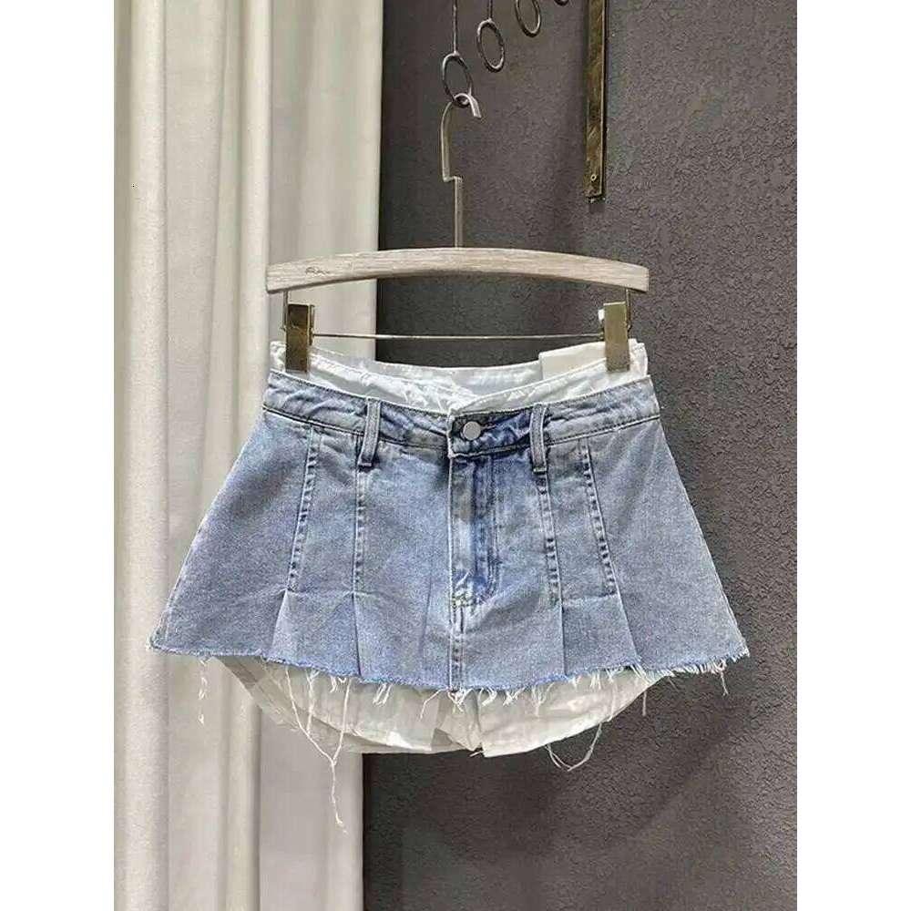 DEAT Trend Contrast Color Patchwork Denim Skirt Women Hem Burrs High Waist Loose Wrap Hip Skirts Female 2025 Spring New 11XX1592 Z260314