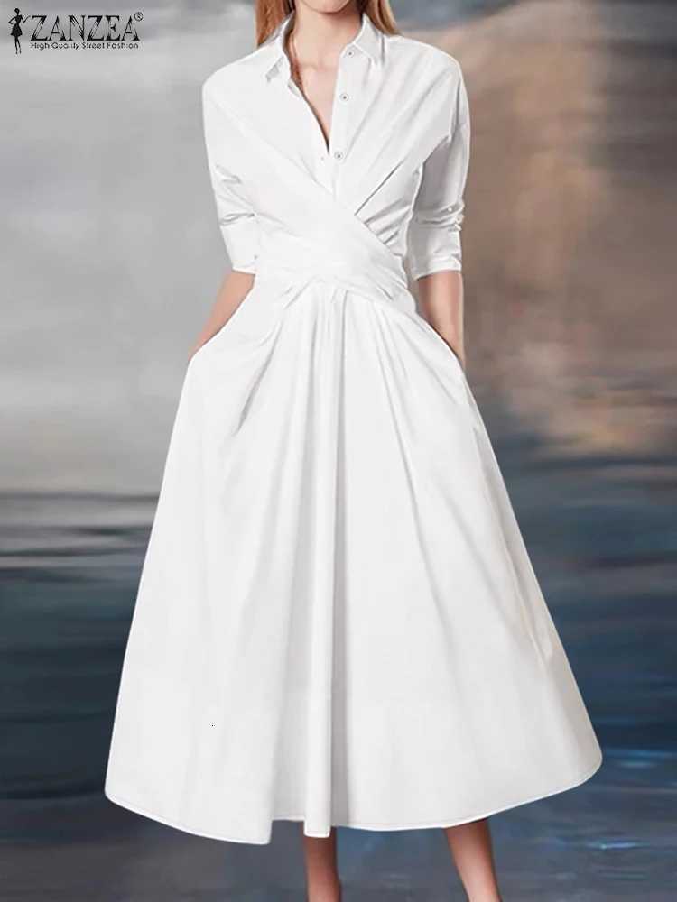 ZANZEA Women Street Fashion Crossover Waist Midi Dresses Elegant Long Sleeve Collared Shirtdress Commuting Solid Color RobesT260314