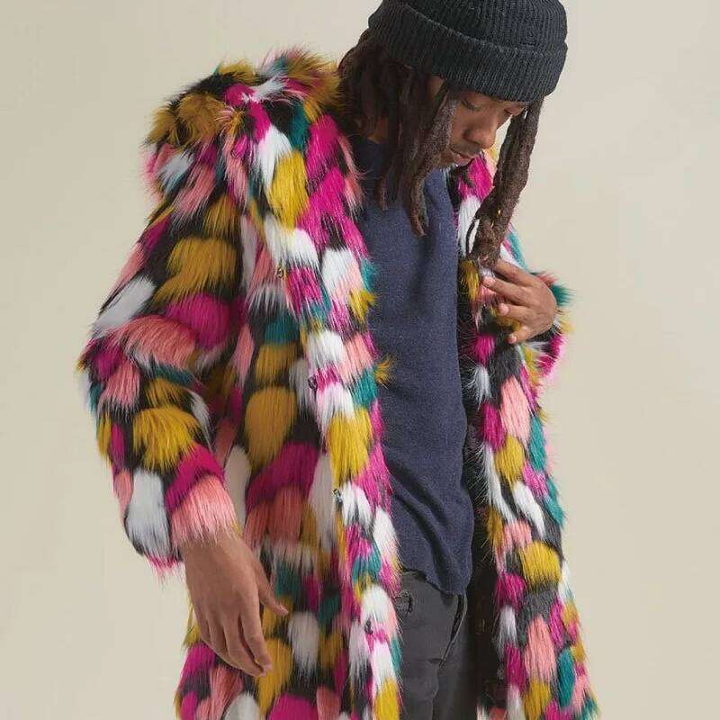 Men Spliced Hooded Cardigan Faux Print Jackets Overcoat Fur Outerwear Coat Loose Autumn Slight Strech High Street 2025 Z260313