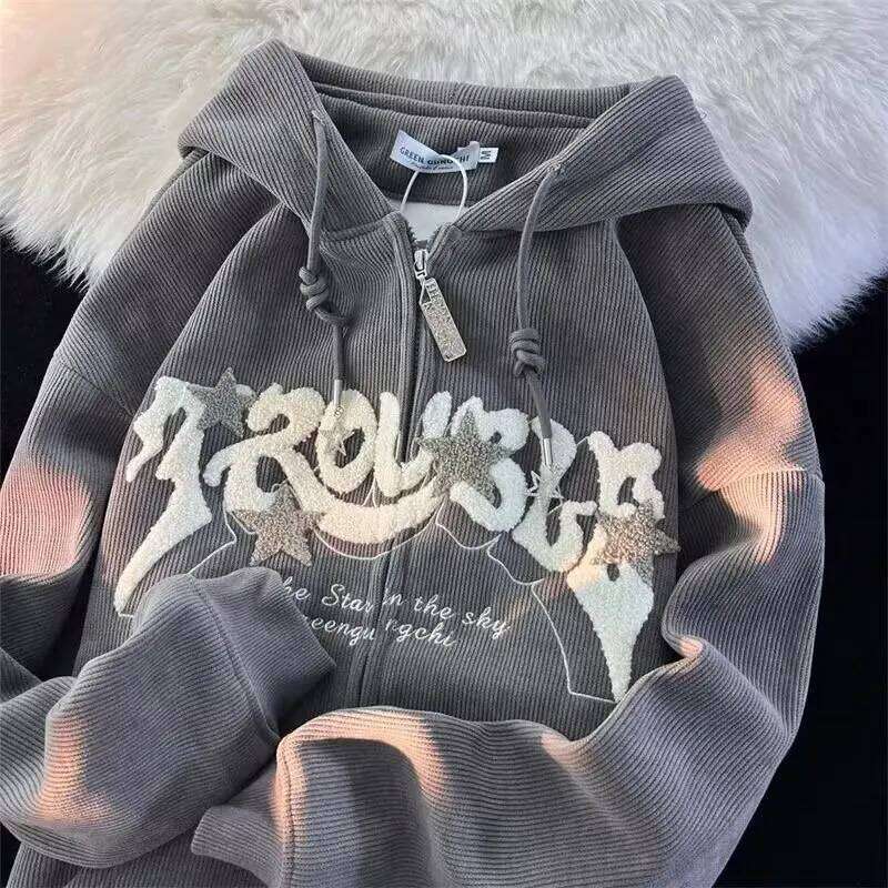 Autumn Long Sleeve Hooded Tops Fashion Zipper Embroidery Y2K Harajuku Streetwear Hoodies Jackrts Women Loose New Sweatshirts Z260315