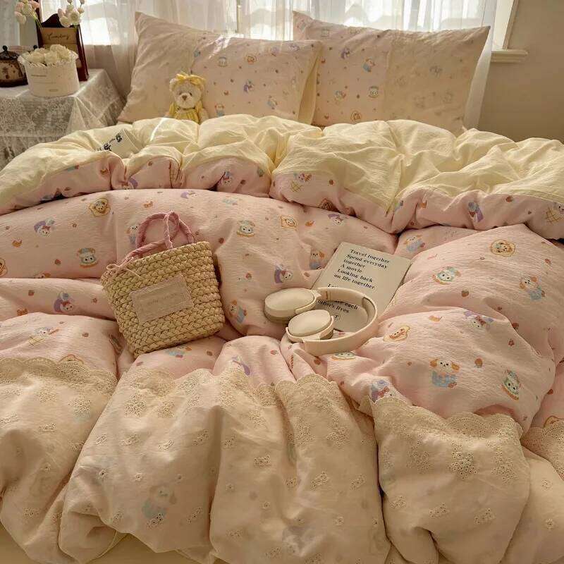 2025 new lace washed cotton four-piece Korean dormitory quilt cover student bed sheet three-piece set H260312 - view 7