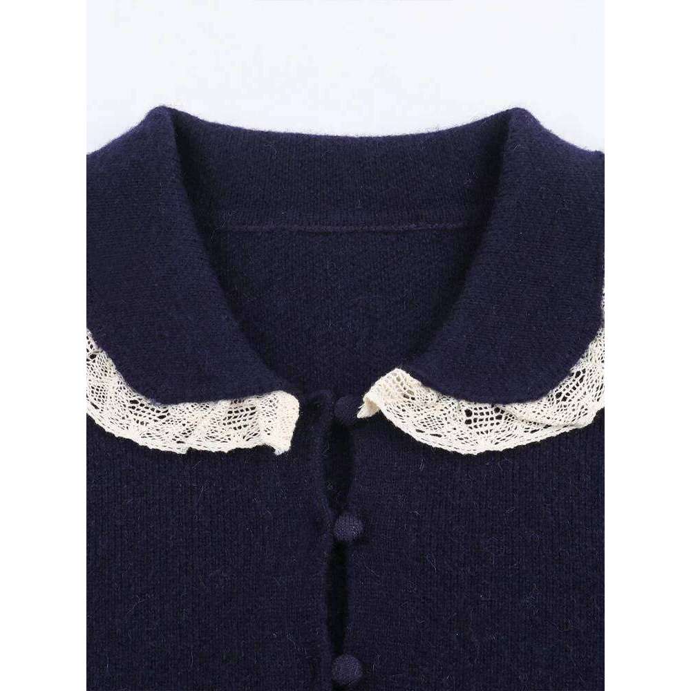 European style new arrival women's fashion versatile long-sleeved knitted cardigan jacket with lace trim and small round collar. Z260313