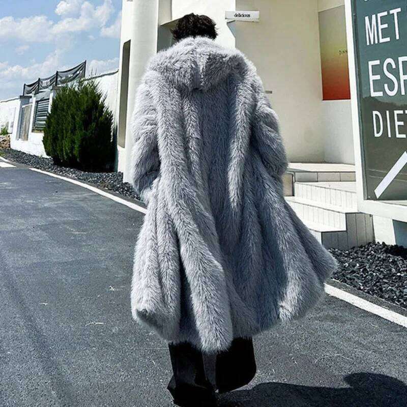 IEFB Niche Design Men's Artificial Fur Coats Hooded Solid Color Covered Button Overknee Thickened Loose Male Overcoats 9X1158 Z260313