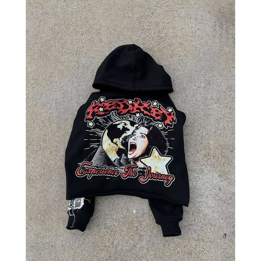 Y2k Fashion Hip Hop Star Player Print Loose Zip Up Hoodie Retro High Street Rock Sweatshirt Oversized Sports Men Clothing Z260314