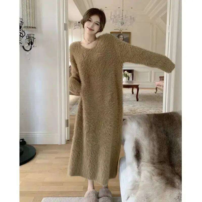 Winter Autumn Women Mink Cashmere Sweater Pullover Knit Angora Dress Long Fluffy Real Soft E1732 Z260314