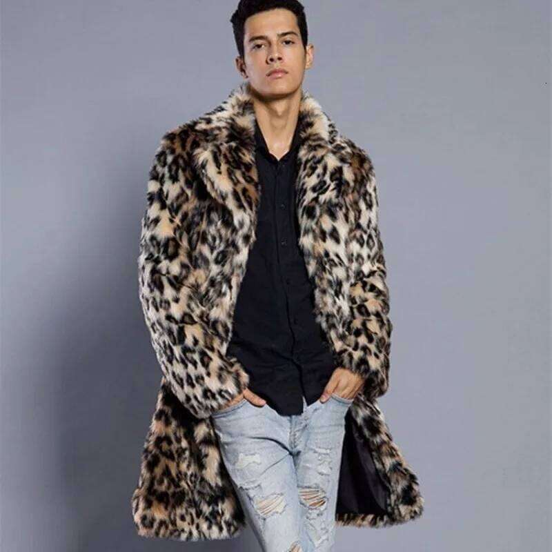 Luxury Men's Leopard Print Suit Overcoat Mid-length Rabbit Winter Warm Thicken Faux Men Mens Fur Trench Coat New Z260313