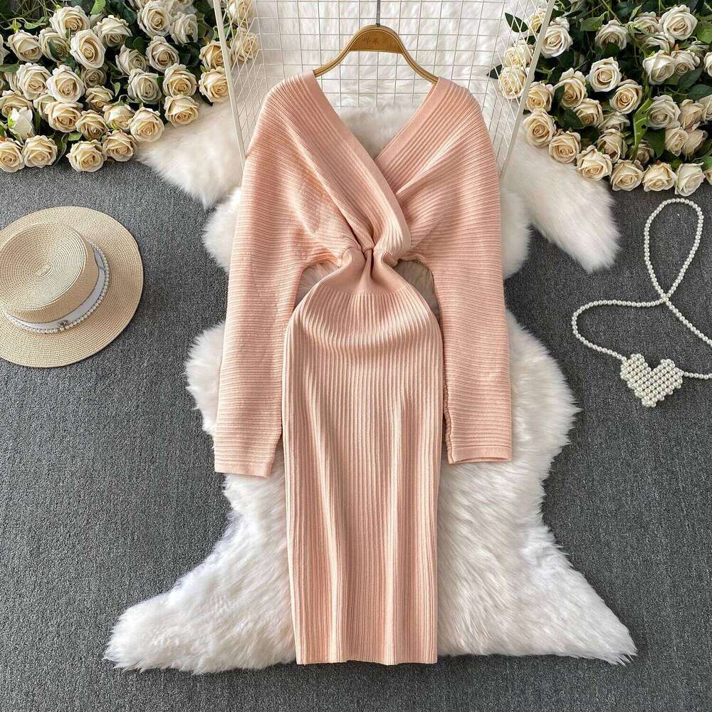 REALEFT Autumn Winter Elegant Front Cross V-neck Knitted Wrap 2025 High Waist Long Sleeve Casual Sweater Dresses Female Z260314