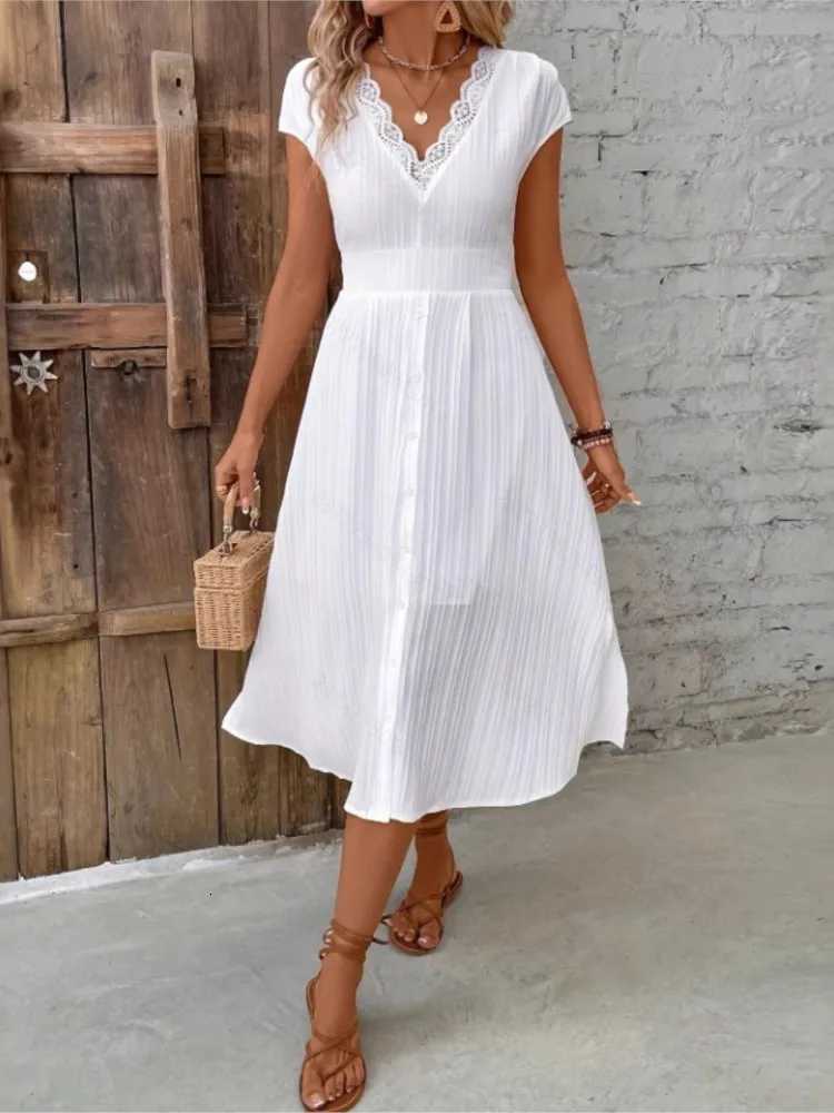 Casual White Lace Dress For Women Fashion Short Sleeve V Neck High Waist Loose Dresses Lady Elegant Holiday Party Skirt SummerT260314