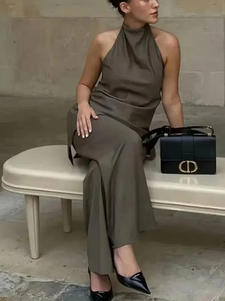 HH Women Vintage Solid Pant Sets Sexy Backless Halter Camis Top Asymmetric Tank Top Drawstring Trousers Fashion Streetwear 260309