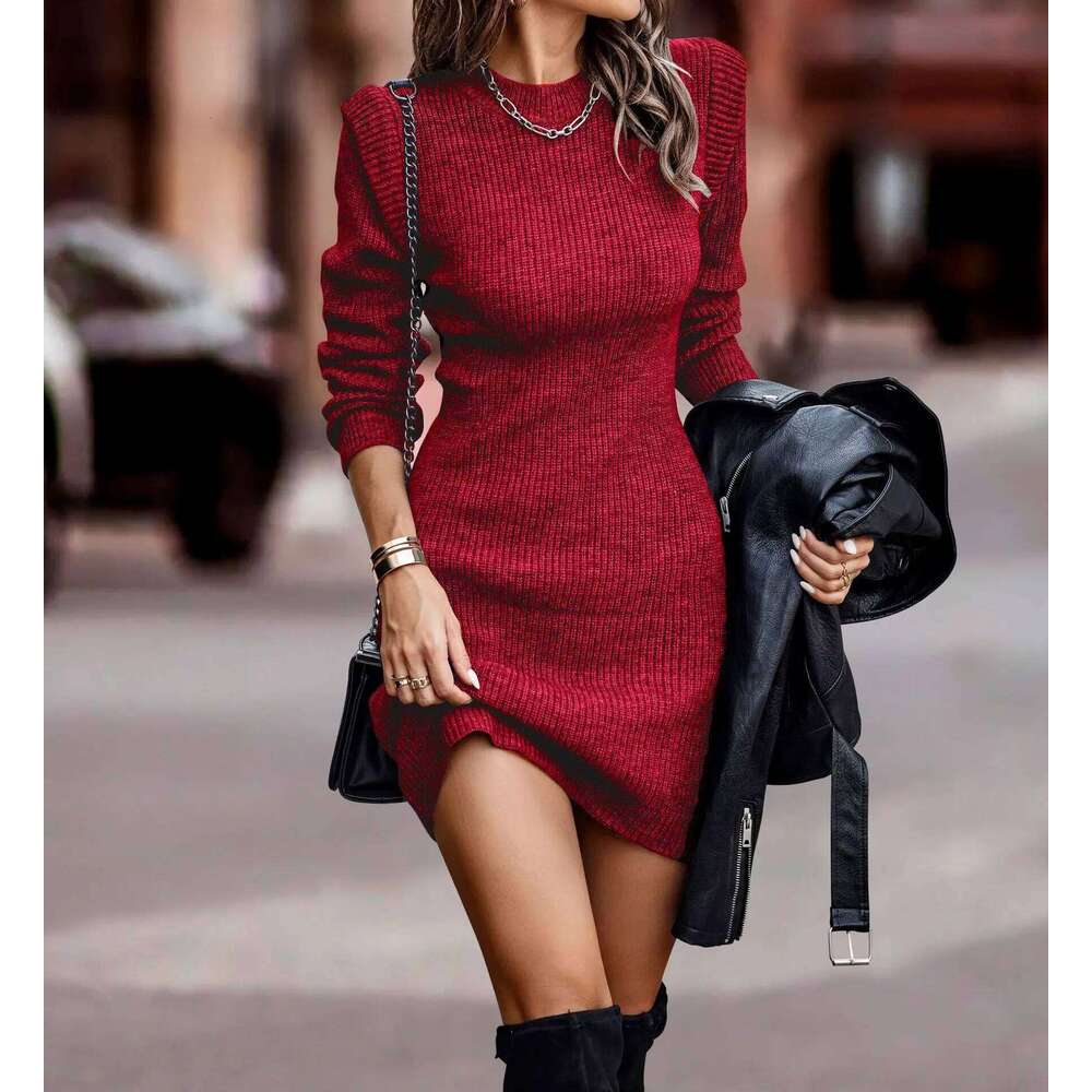 2026 Spring New Women's Knitted Dress O-neck Long-sleeved Fashion Slimming Slim Elegant Inner Sweater Mini Skirt for Female Z260314