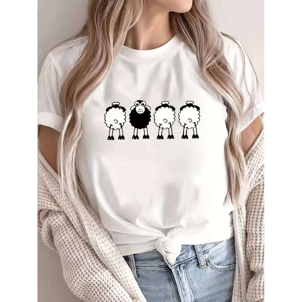 T-shirt Casual Short Sleeve Top Four Sheep Print Round Neck Aesthetic Clothes Z260314