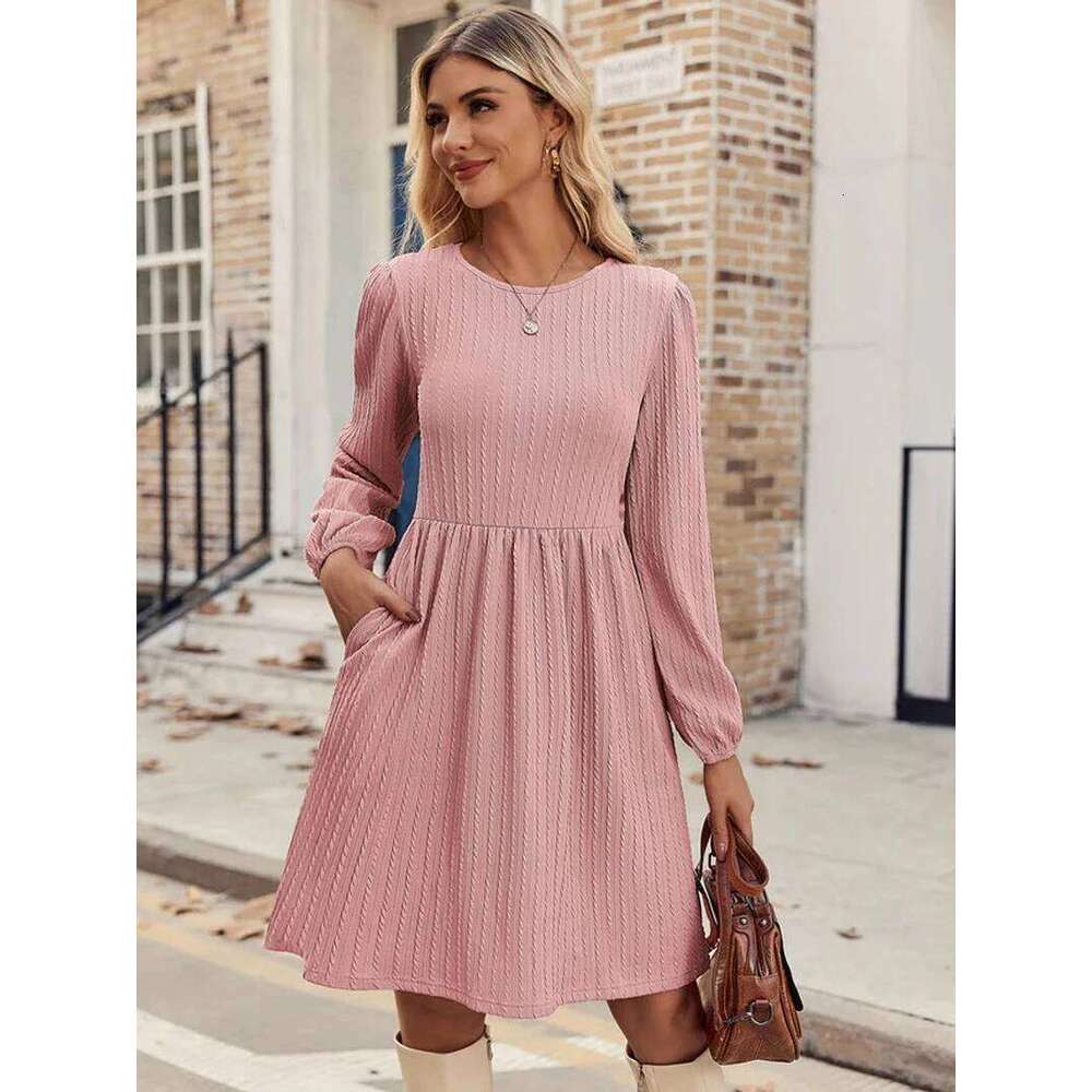 Women'S Fashion Comfort Round Neck Pocket Knitted Long Sleeve A-Line Dress With Pockets Solid Color Casual Versatile Z260313