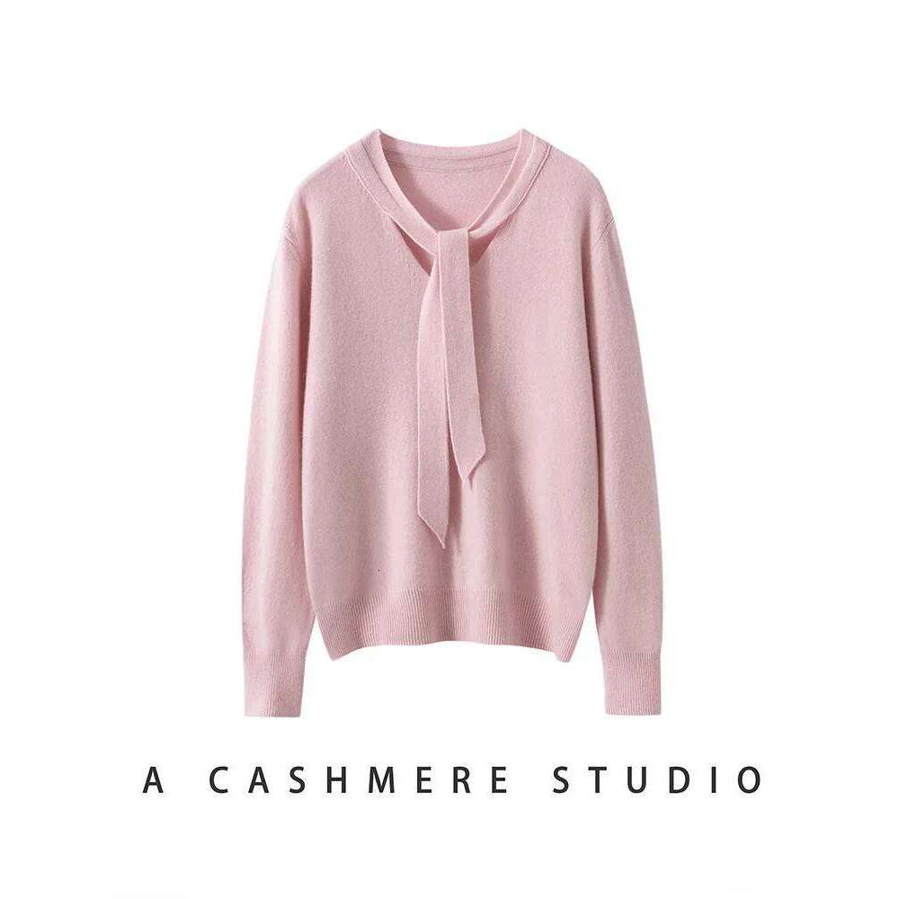 Women 100% Cashmere Sweater Ribbon V-neck Design Pullovers Autumn Winter French Retro Style Soft Knitwear Clothing Tops High-end Z260313