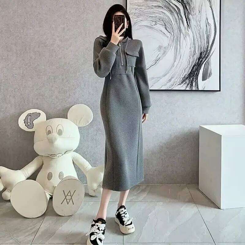 Female Clothing Casual Hooded Midi Dress A-Line Waist Spring Autumn Solid Color Basic Long Sleeve Chic Pockets Spliced Dresses Z260313