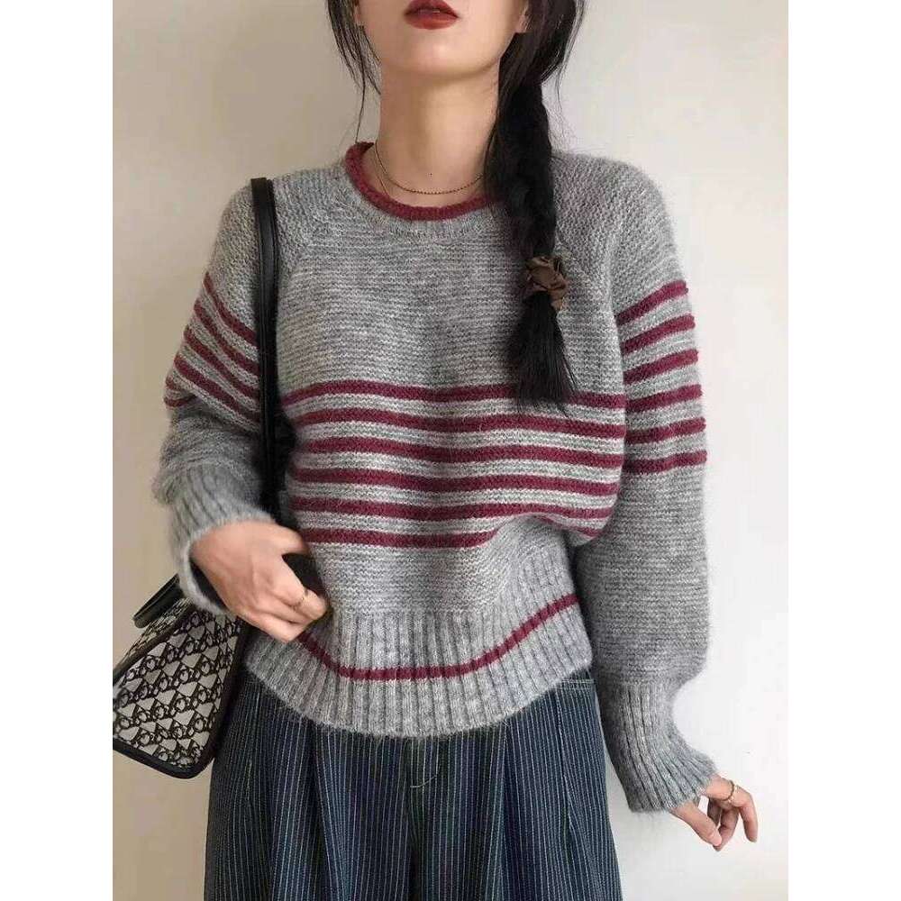 2026 Autumn Winter Warm Long Sleeve Tops Korean O-neck Striped Knitwear Sweater Women Retro Casual Versatile Pullovers Z260314