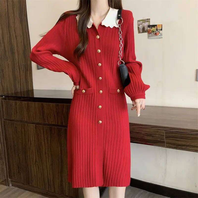 Casual Doll Collar Knitted Midi Dress Women's Clothing Solid Color Spring Autumn Single-breasted Long Sleeve Straight Dresses Z260314