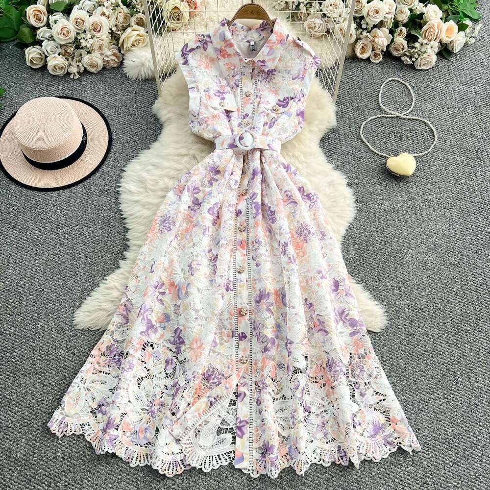 2026 designer's elegant and exquisite water-soluble lace printed women's lapel dress with a brand new single A14 breasted button