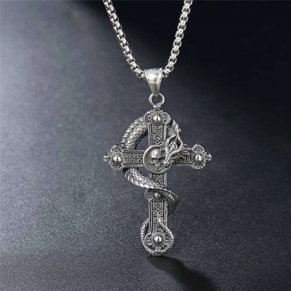 men's Necklace Entangled Dragon Cross Pendant hip-hop Punk Style Silver Color Stainless Steel Box Chain Vintage Jewelry Gifts H260312