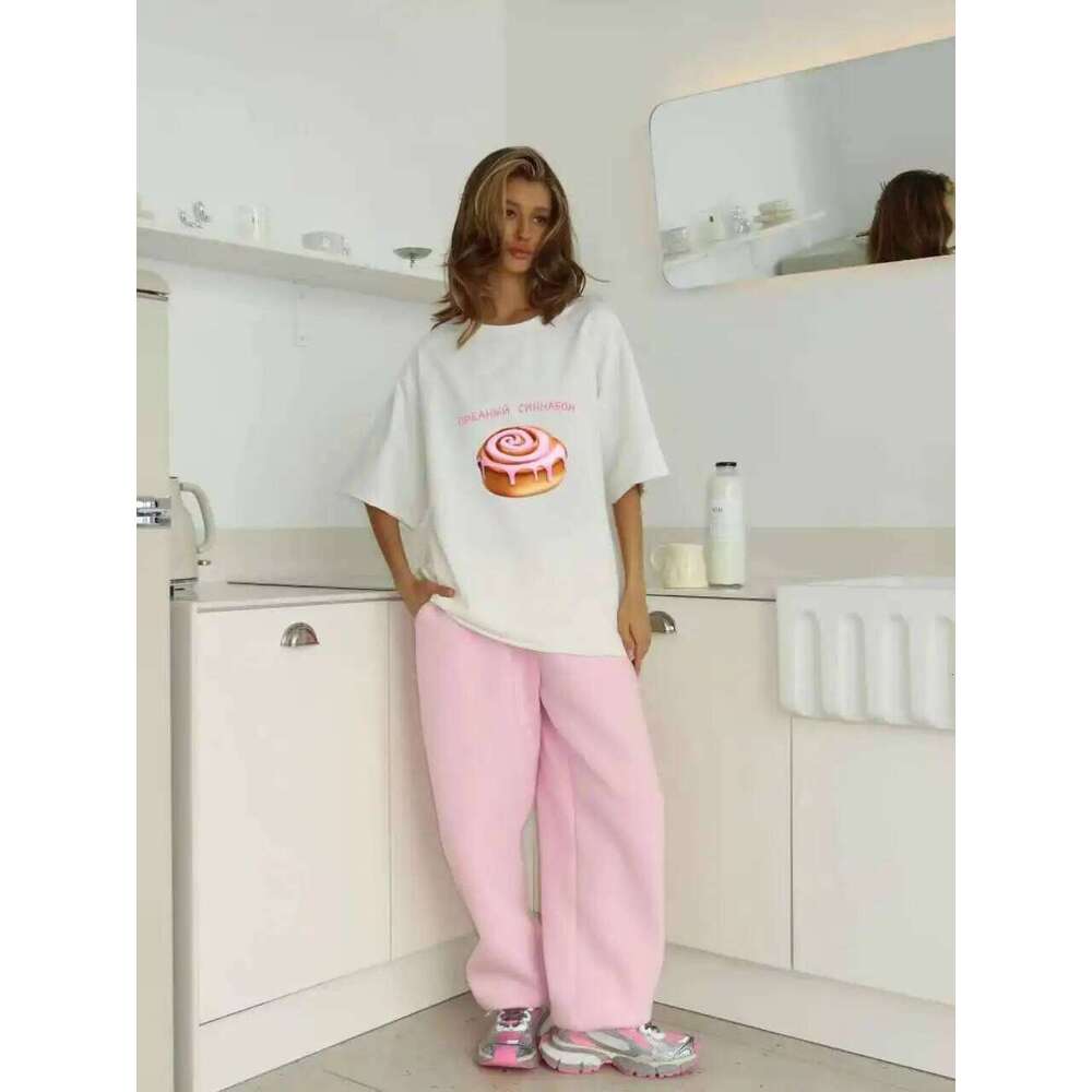 Sweet Cake Russian Letter Print Blue White Short Sleeve Women's T-shirt Vintage American Fashion 100% Cotton Summer Tshirt 2025 Z260314