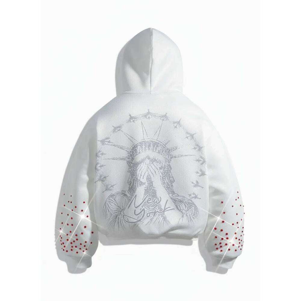 Fashionable rhinestone style loose sweatshirt, American-style embroidered casual hooded shirt Z260315