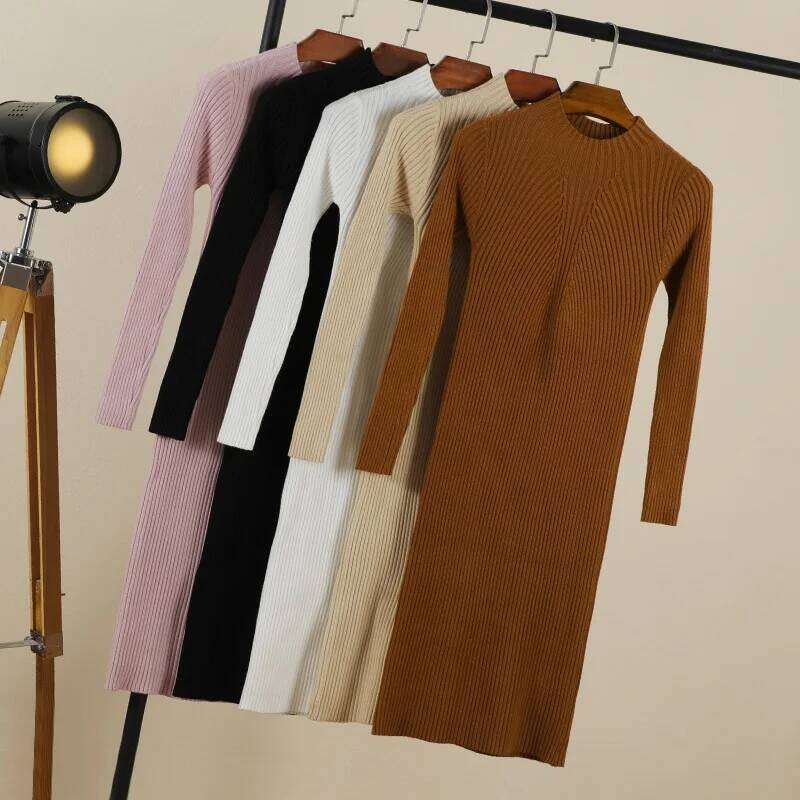 Sweater Dress Female 2025 Winter Knitted Basic Casual Women's Dresses Ladies Korean Fashion Clothes Clothing Robe Elegant Black Z260313