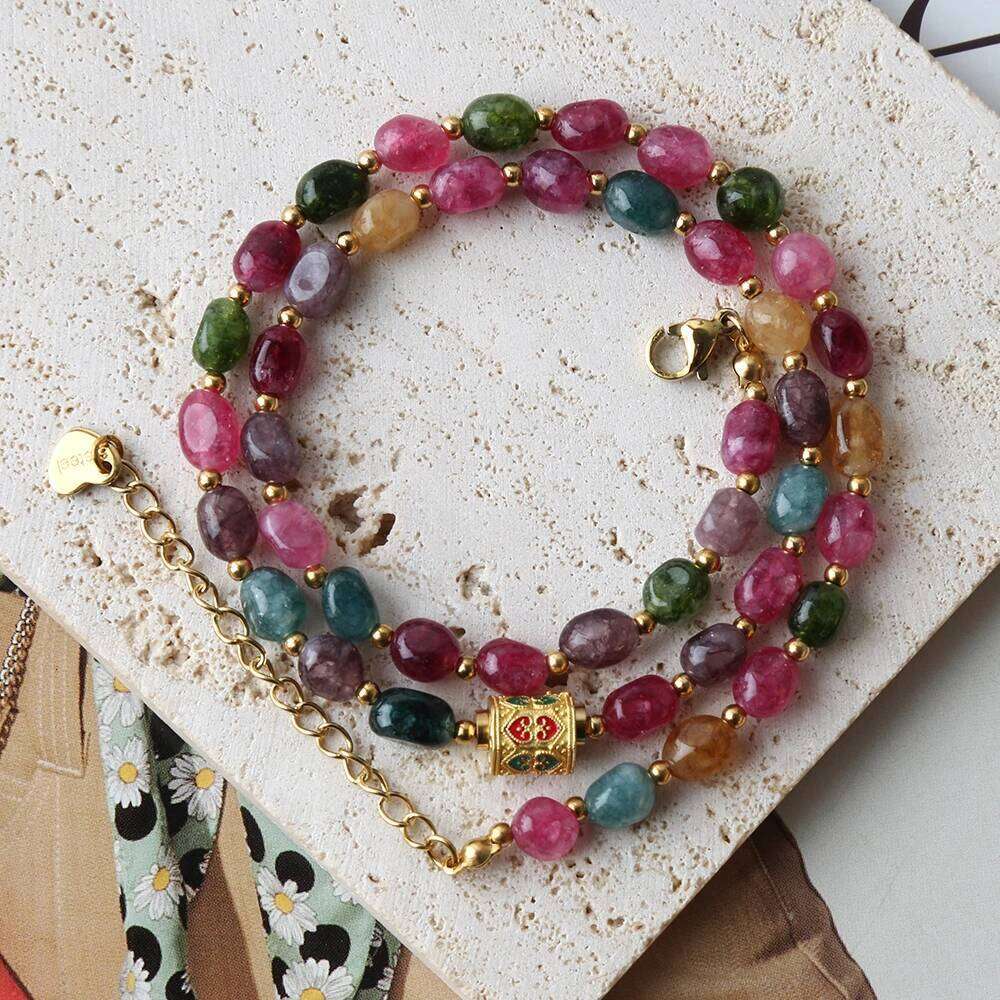 Bohemian Jewelry Natural tourmaline handmade beads Necklace Stainless Steel Tibet Adorned Pendant for Party Gift H260312