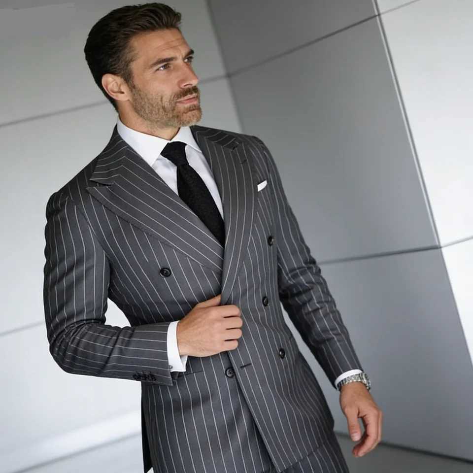 Mens 2-Piece Suit Set Slim Fit Double Breasted Lapel Formal Grey Blue Marine JaCKet And Trousers Ensemble M260313
