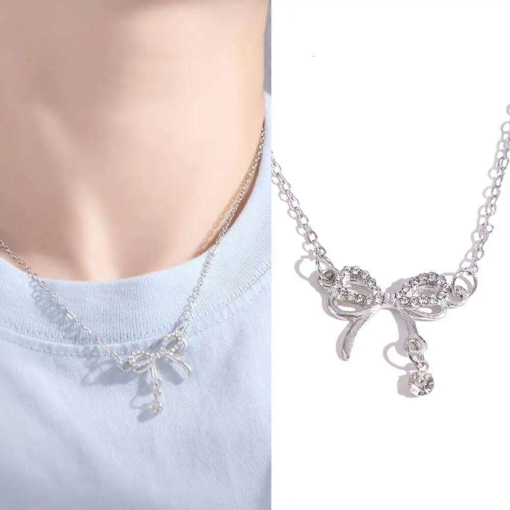 Clavicle Chain Silver Bowknot Heart Jewelry Accessories Bow Necklace Pendant Alloy Rhinestone H260312