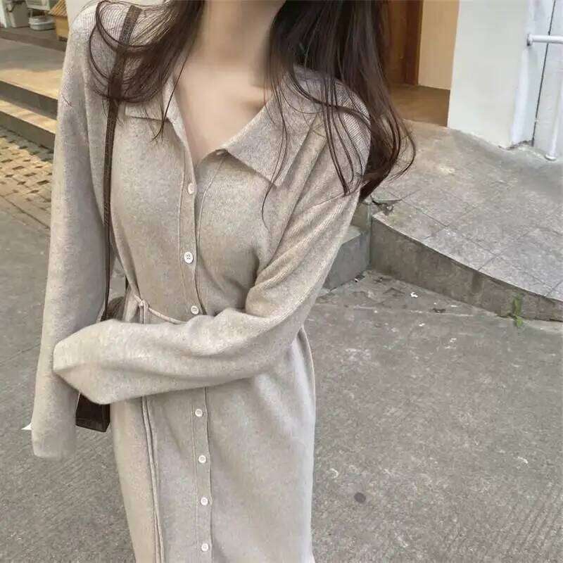 Women Spring Autumn Solid Color Turn Down Collar Long Sleeve Knitting Sweater Cardigan Slim Korean Bodycon Party Midi Dress Z260313