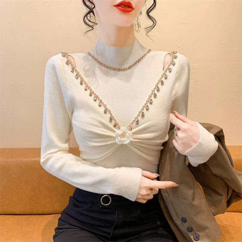 2025 New European Clothes Knitted Sweater Women Chic Sexy Hollow Out Beading Flower Knitwear Long Sleeve Pullovers Z260313