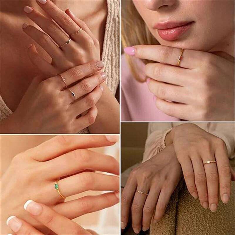 Birthstone Rings Women Dainty 14K Gold Plated Baguette CZ Green Gemstone Ring Personalized Jewelry Gift for Birthday H260312