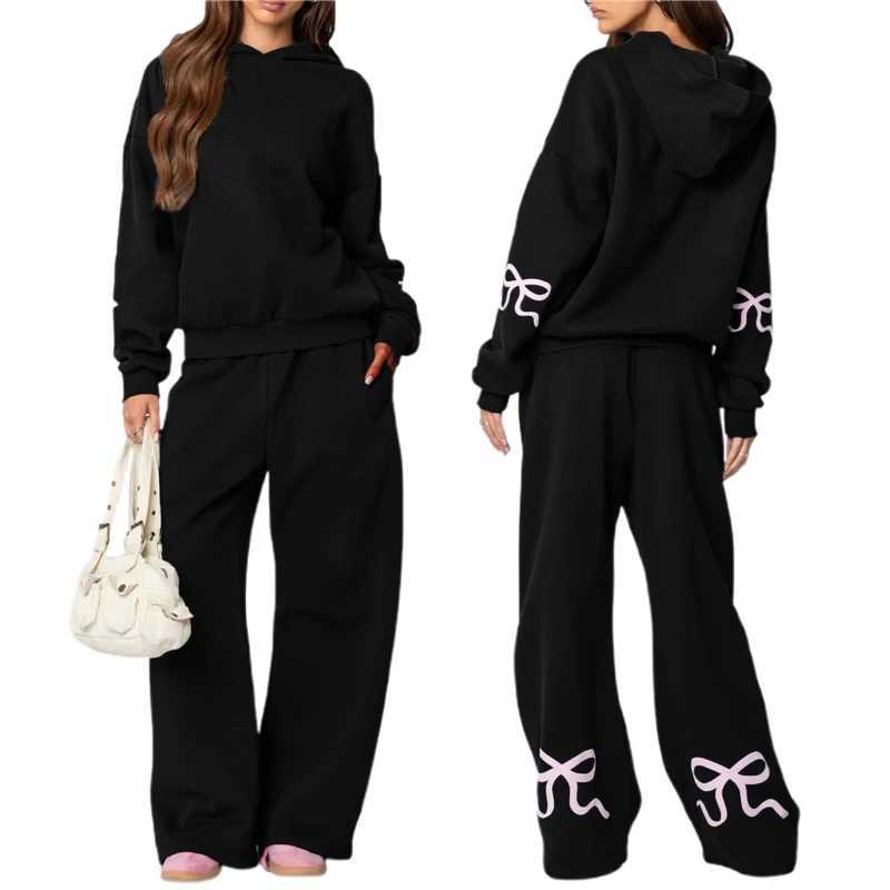 Spring Autumn Winter Loose Pants Leisure Suit Women Long Sleeve Bow Print Hoodie Top Trouser 2 Piece Set Fashion Jogging Outfit M260313