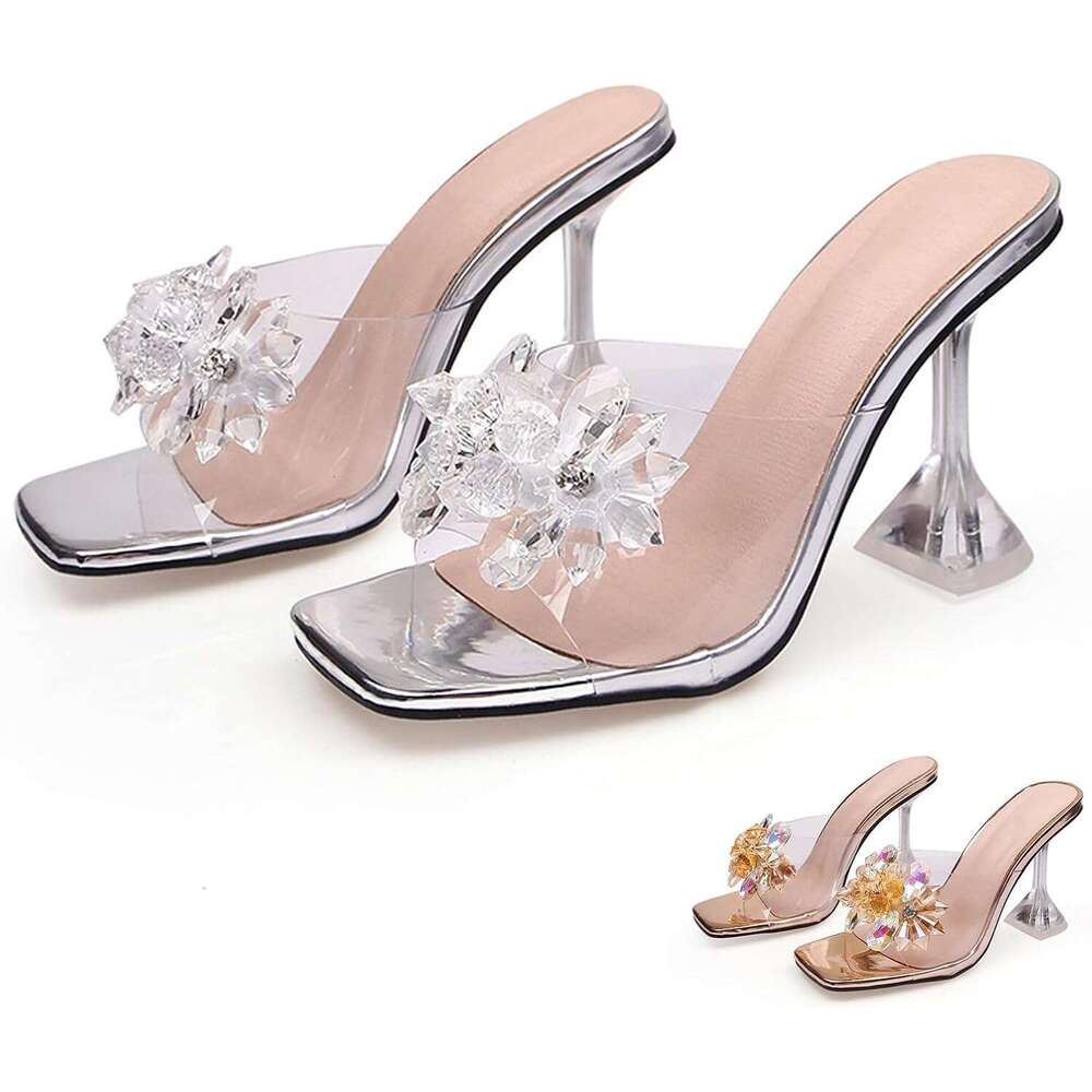 Women S Clear Flower Crystal Stiletto Fashion Comfortable Square Open Toe Summer Slip On Wine Glasses Heel Dress Slides Sandals For Formal Wedding Par